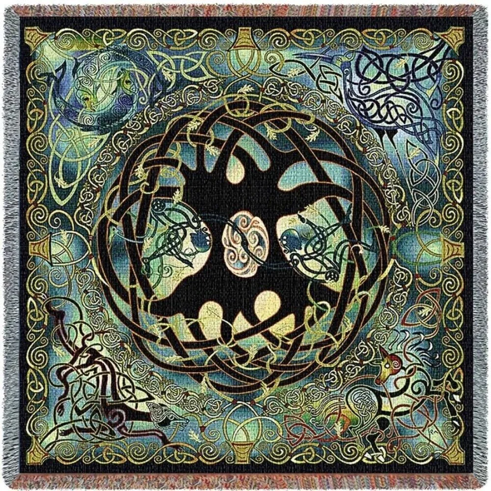 Celtic Tree of Life Woven Throw Blanket - Teal Black